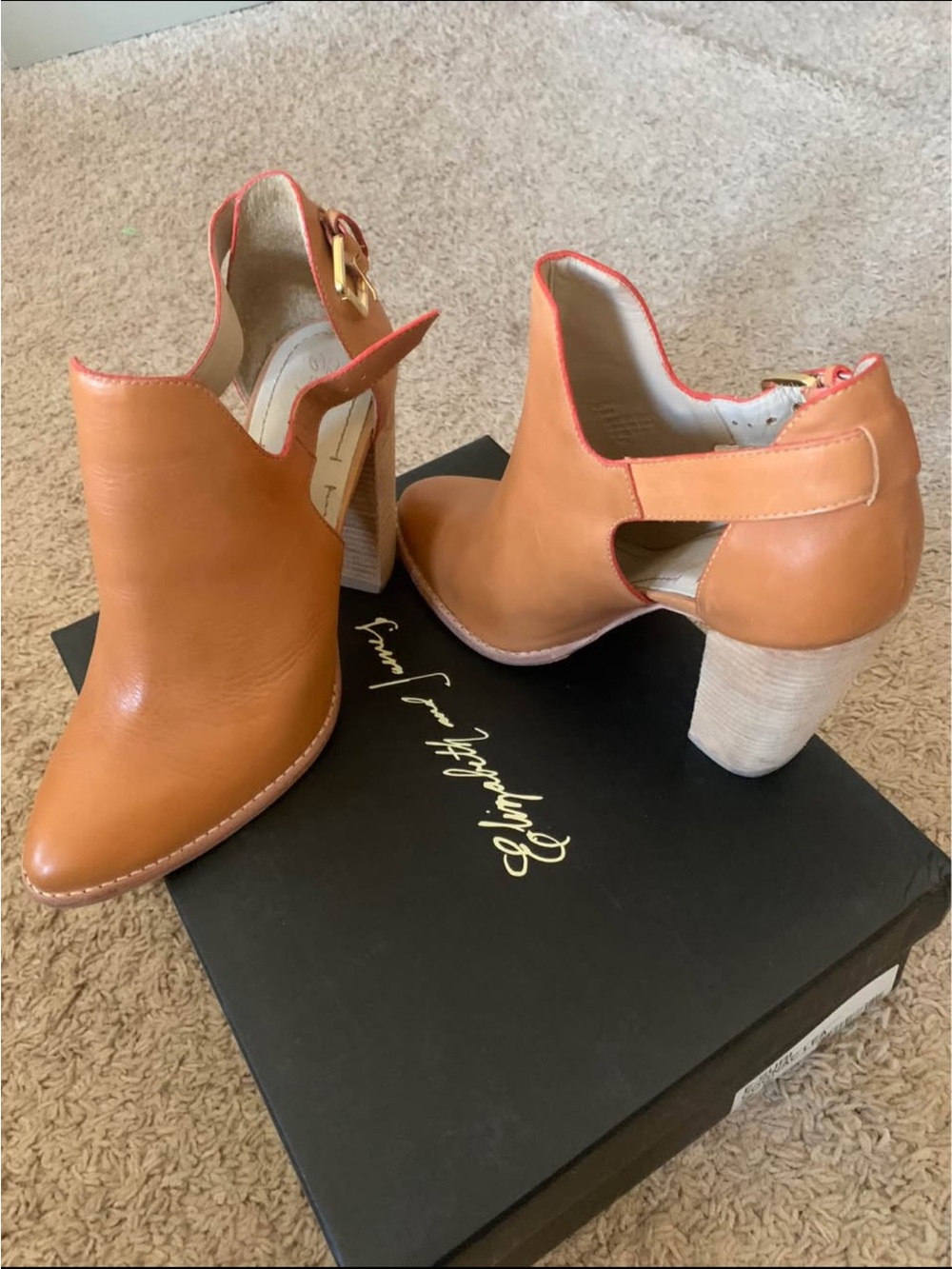 Elizabeth and James Tan Leather Cutout Block Heel Booties with Gold Buckle
